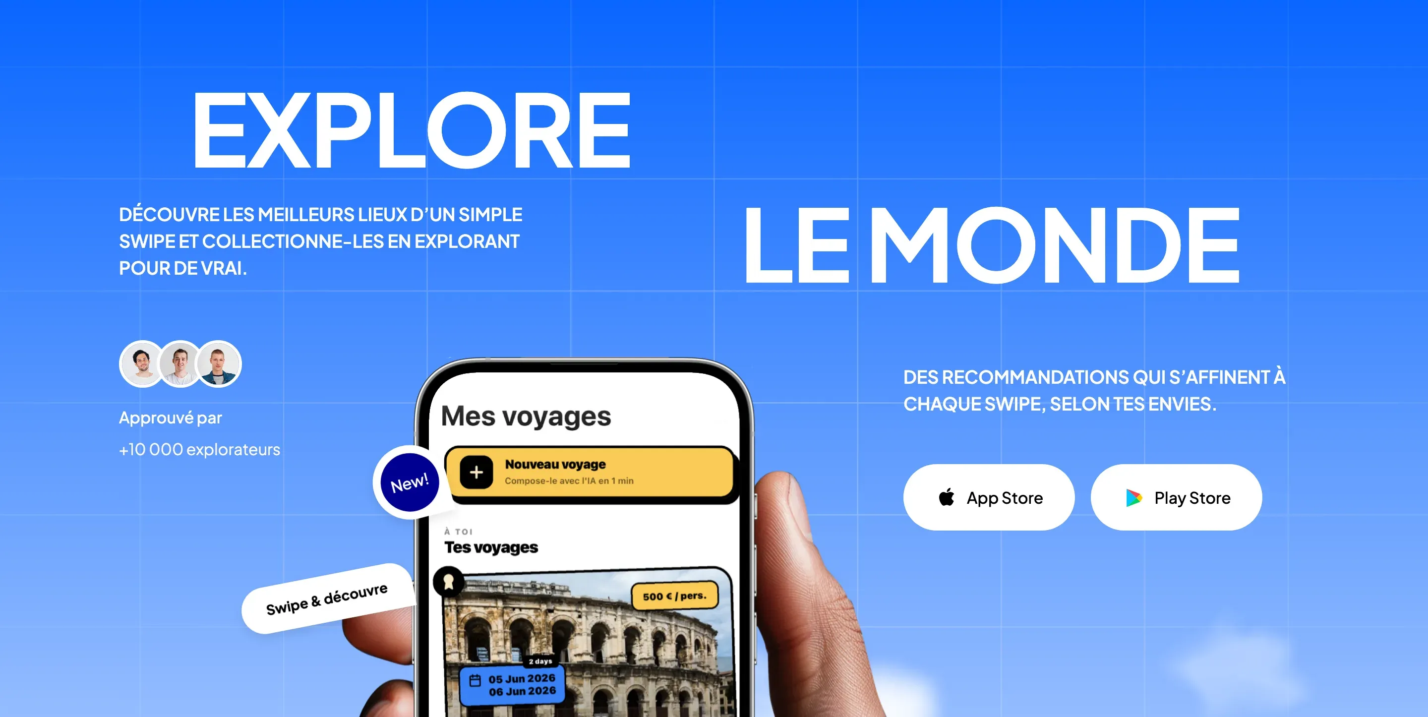 Le site de Travelyzer, sur un écran d’ordinateur et sur un téléphone : « Explore le monde » sur un ciel bleu, et les deux boutons de téléchargement.